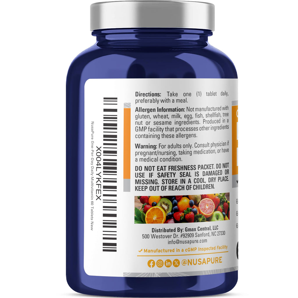 NusaPure Daily Multivitamin with Vegetable Magnesium Stearate - Suitable for Vegetarian/Vegan, Non-GMO - 60 Tablets