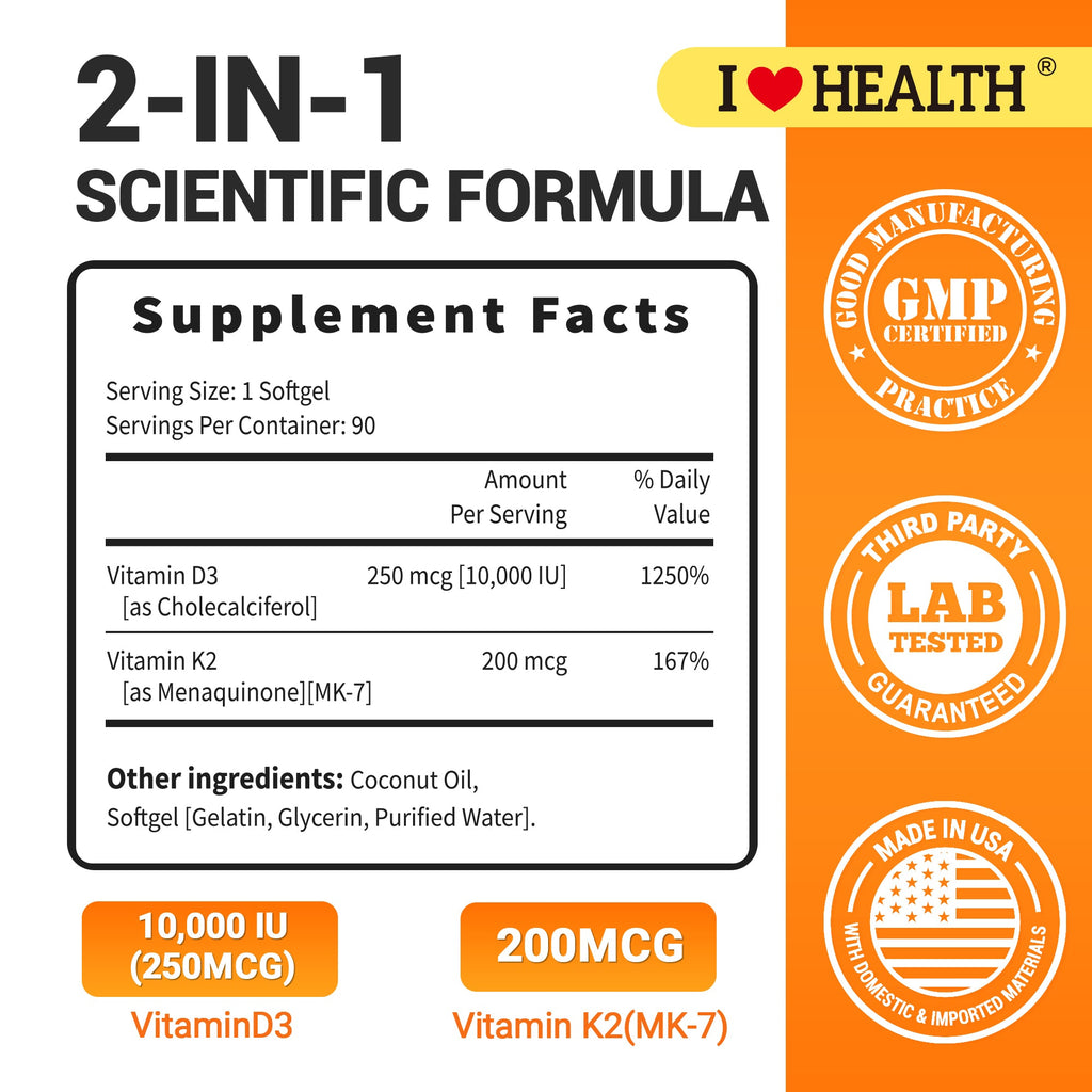 Vitamin D3 10000 IU with K2 (MK-7) Supplement – 90 Softgels – Non-GMO, Gluten-Free – Supports Bone, Heart & Immune Health – Enhanced Absorption – Made in USA