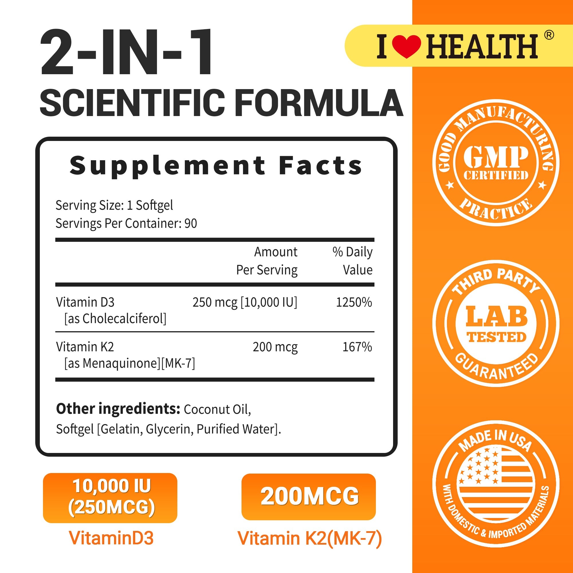Vitamin D3 10000 IU with K2 (MK-7) Supplement – 90 Softgels – Non-GMO, Gluten-Free – Supports Bone, Heart & Immune Health – Enhanced Absorption – Made in USA