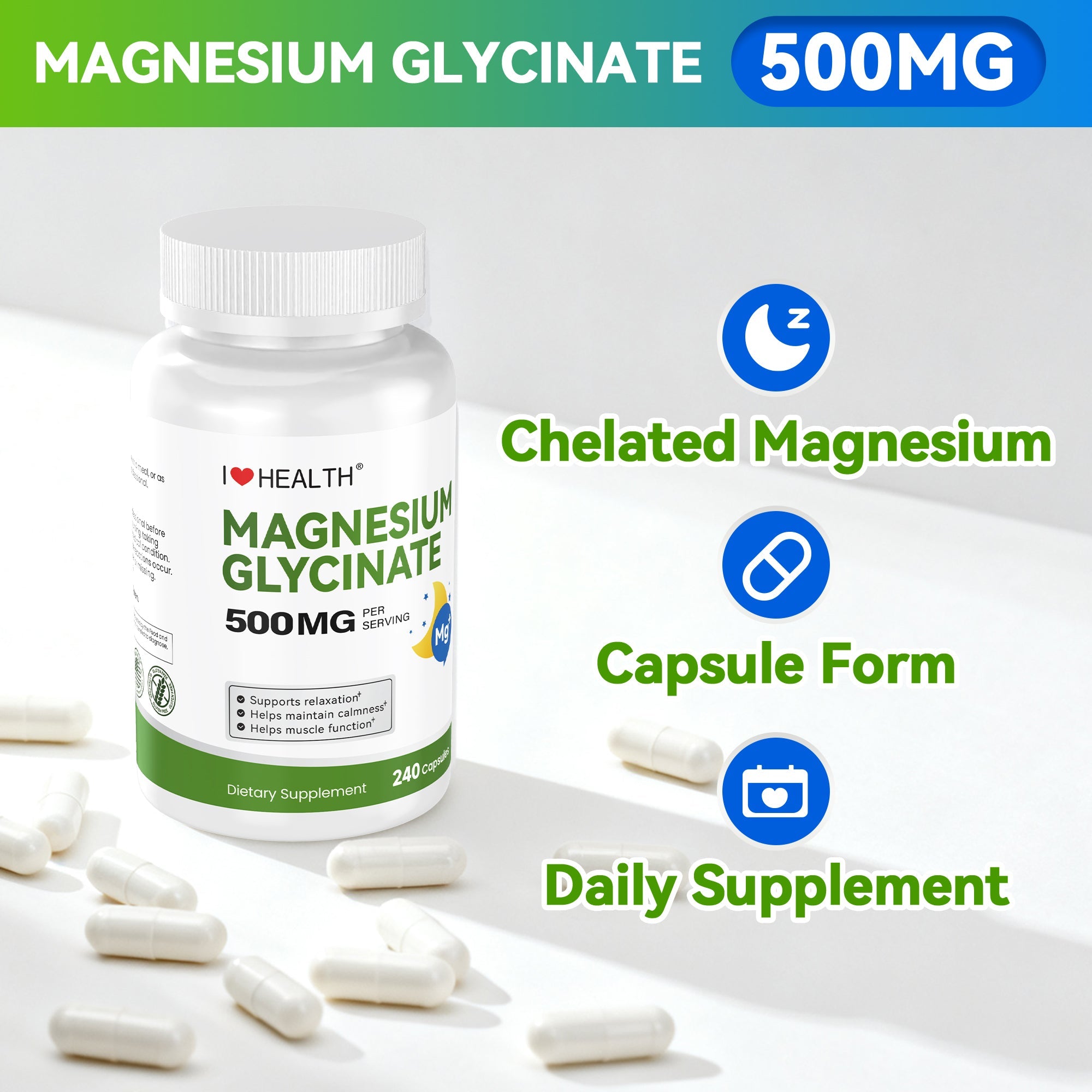 Magnesium Glycinate  – 240 Capsules – High Absorption Magnesium Supplement  – Gentle on Stomach – Made in USA