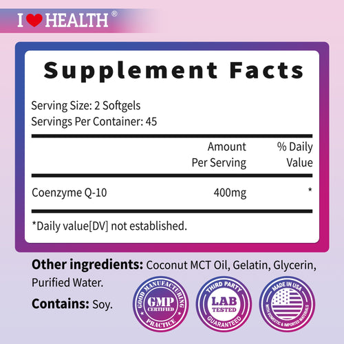 CoQ10 400mg Softgels - 90 Count | Supports Heart Health, Energy & Cellular Function | Soy-Based CoQ10 Supplement by I Love Health | 45 Servings