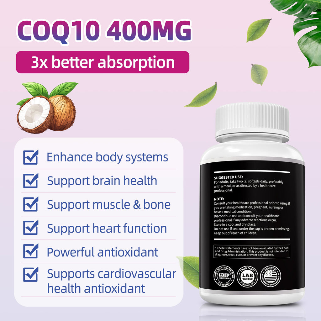 CoQ10 400mg Softgels - 90 Count | Supports Heart Health, Energy & Cellular Function | Soy-Based CoQ10 Supplement by I Love Health | 45 Servings