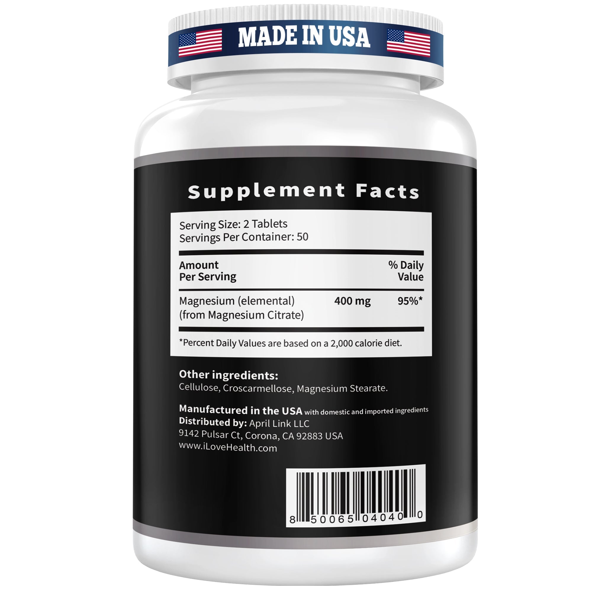I Love Health Magnesium Citrate, 400mg, Heart Health Support, 100 vegetarian Tablets