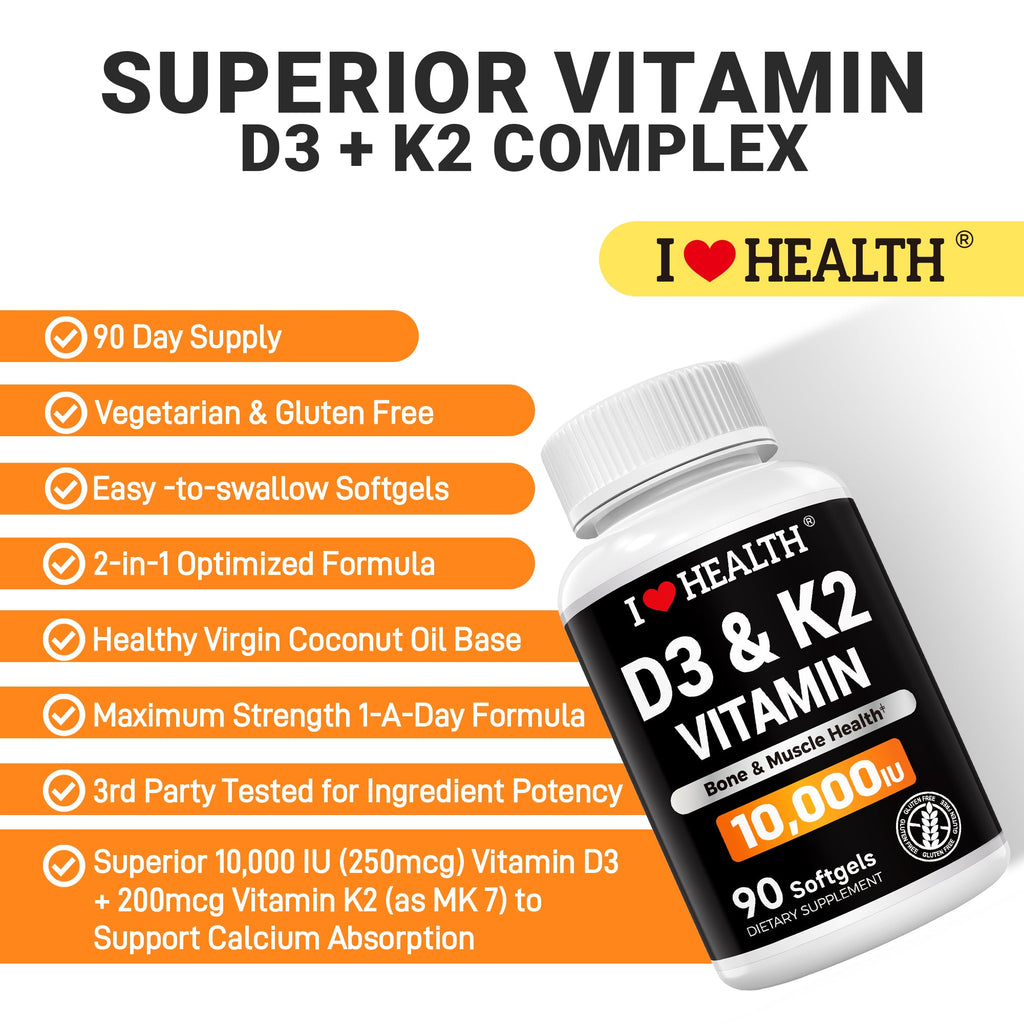 Vitamin D3 10000 IU with K2 (MK-7) Supplement – 90 Softgels – Non-GMO, Gluten-Free – Supports Bone, Heart & Immune Health – Enhanced Absorption – Made in USA