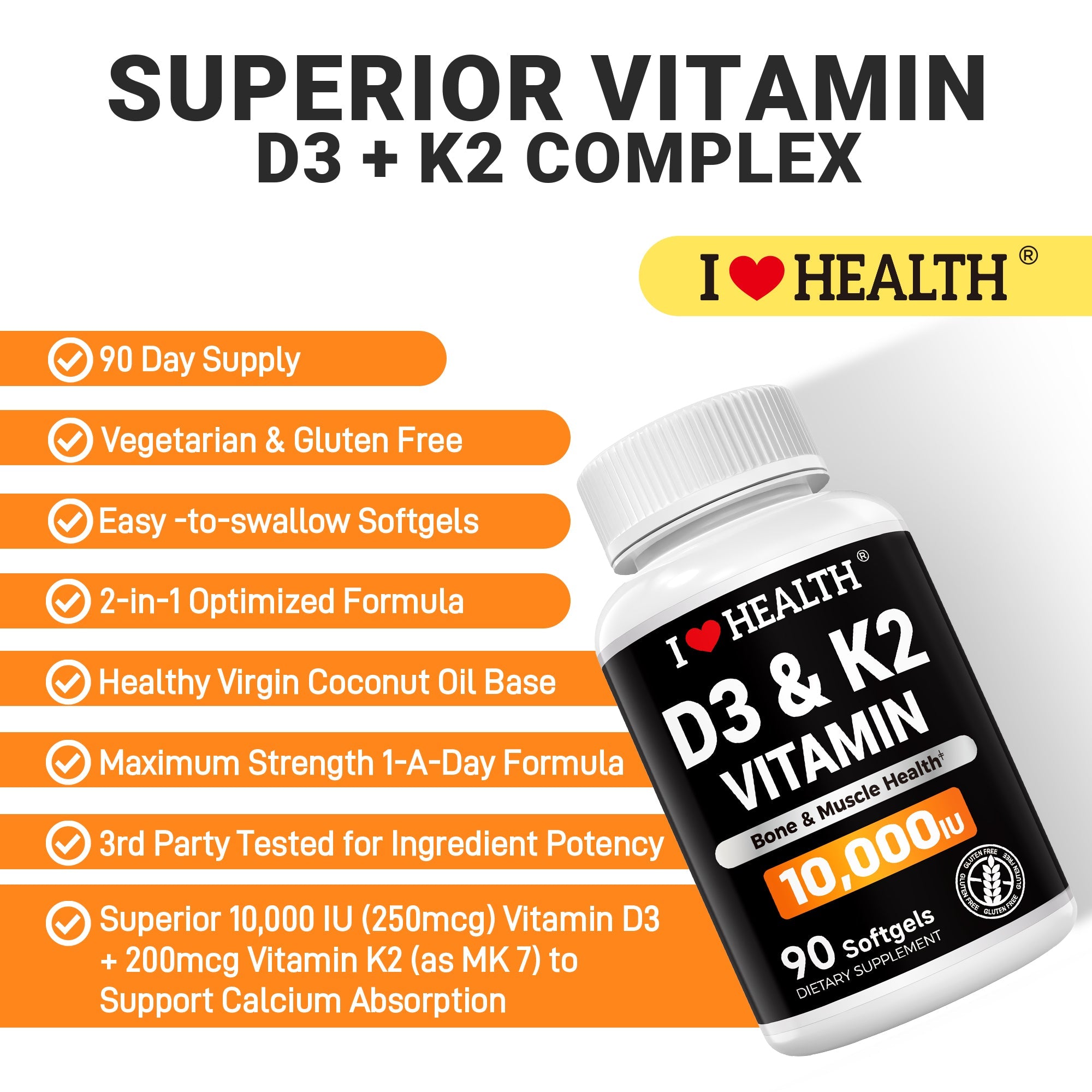 Vitamin D3 10000 IU with K2 (MK-7) Supplement – 90 Softgels – Non-GMO, Gluten-Free – Supports Bone, Heart & Immune Health – Enhanced Absorption – Made in USA
