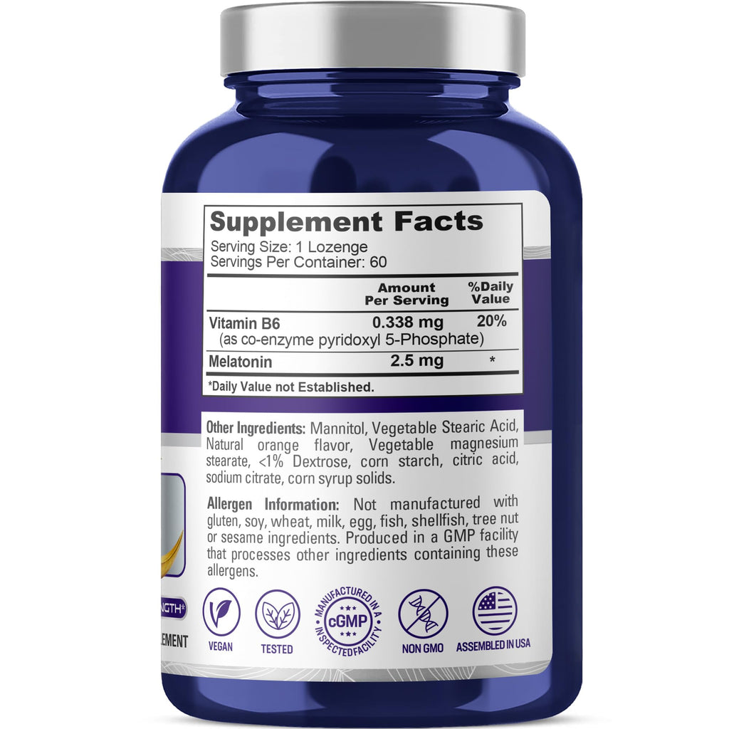 NusaPure Melatonin Lozenges with Vitamin B6 - Fast Dissolving, Suitable for Vegetarian/Vegan, Non-GMO - 2.5mg - 60 Counts