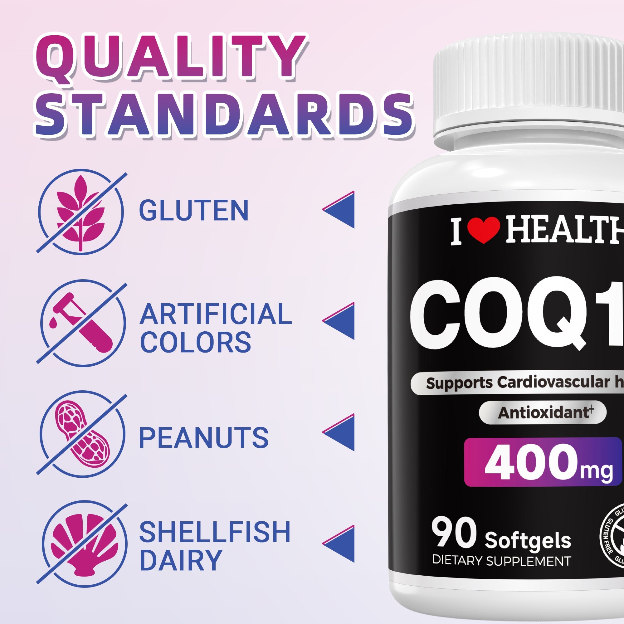 CoQ10 400mg Softgels - 90 Count | Supports Heart Health, Energy & Cellular Function | Soy-Based CoQ10 Supplement by I Love Health | 45 Servings