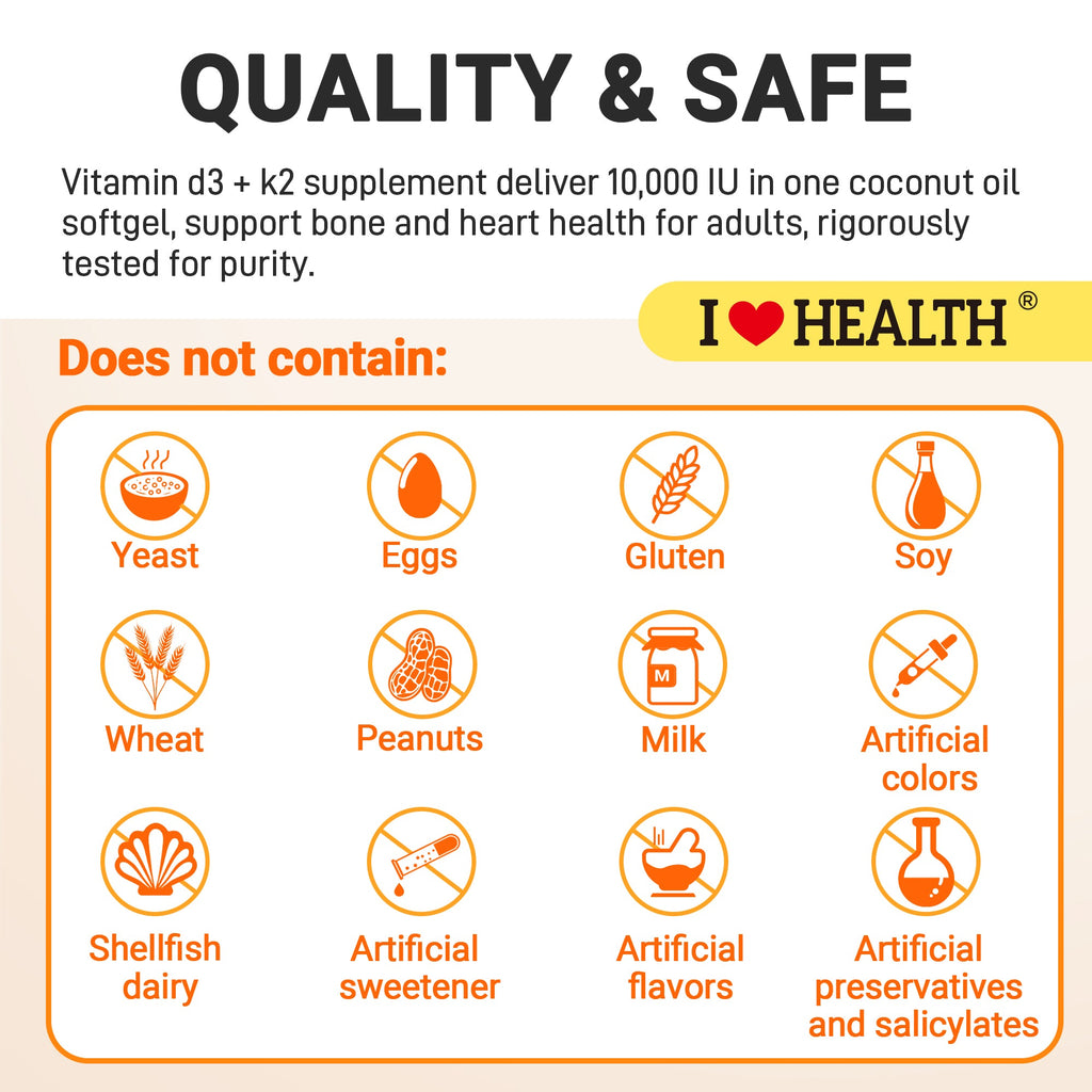 Vitamin D3 10000 IU with K2 (MK-7) Supplement – 90 Softgels – Non-GMO, Gluten-Free – Supports Bone, Heart & Immune Health – Enhanced Absorption – Made in USA