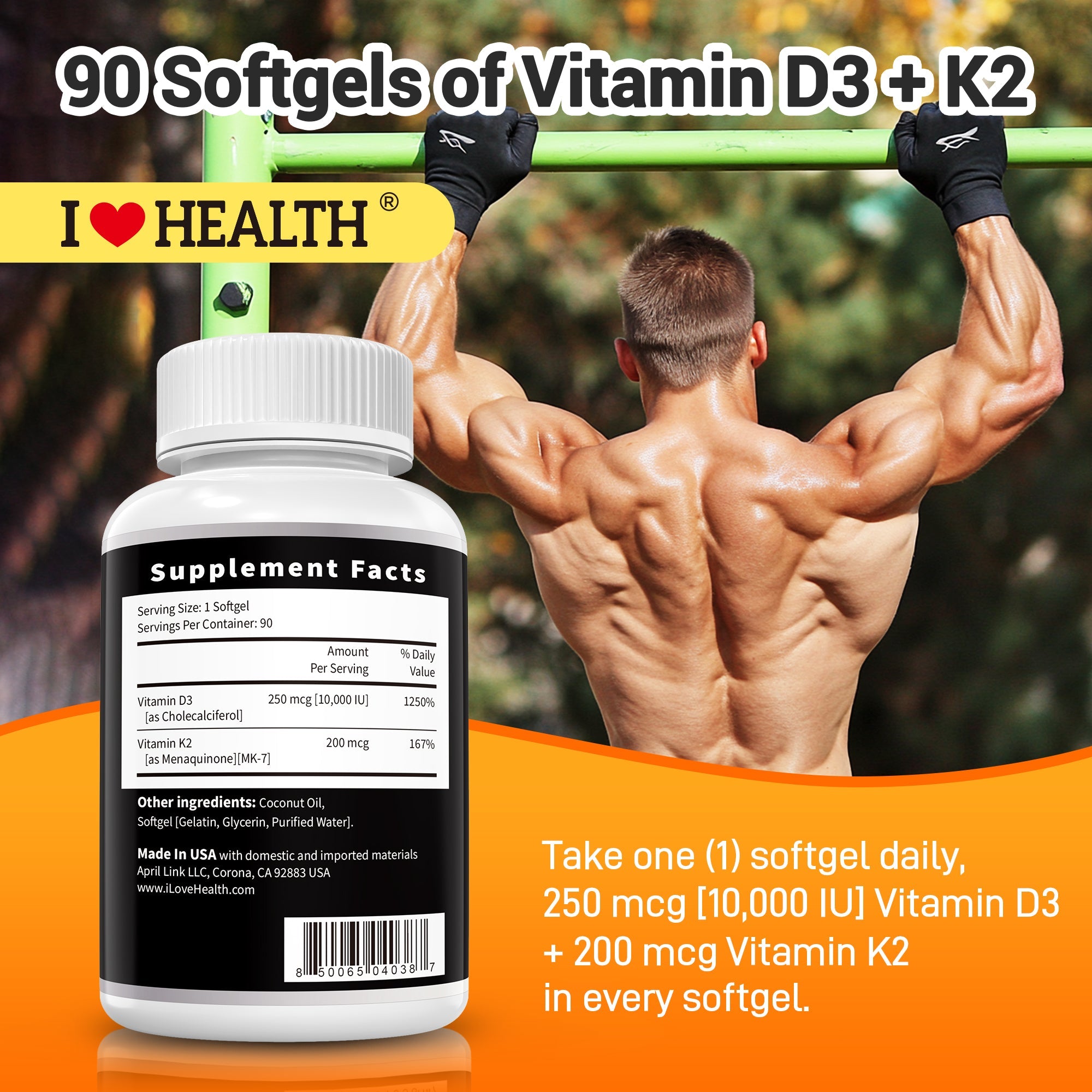 Vitamin D3 10000 IU with K2 (MK-7) Supplement – 90 Softgels – Non-GMO, Gluten-Free – Supports Bone, Heart & Immune Health – Enhanced Absorption – Made in USA