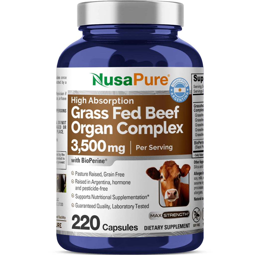 NusaPure Grass Fed Beef Organ Complex | 220 Capsules | Pasture Raised | with Desiccated Liver, Kidney, Pancreas, Heart, Spleen | Soyfree Non-GMO, Bioperine