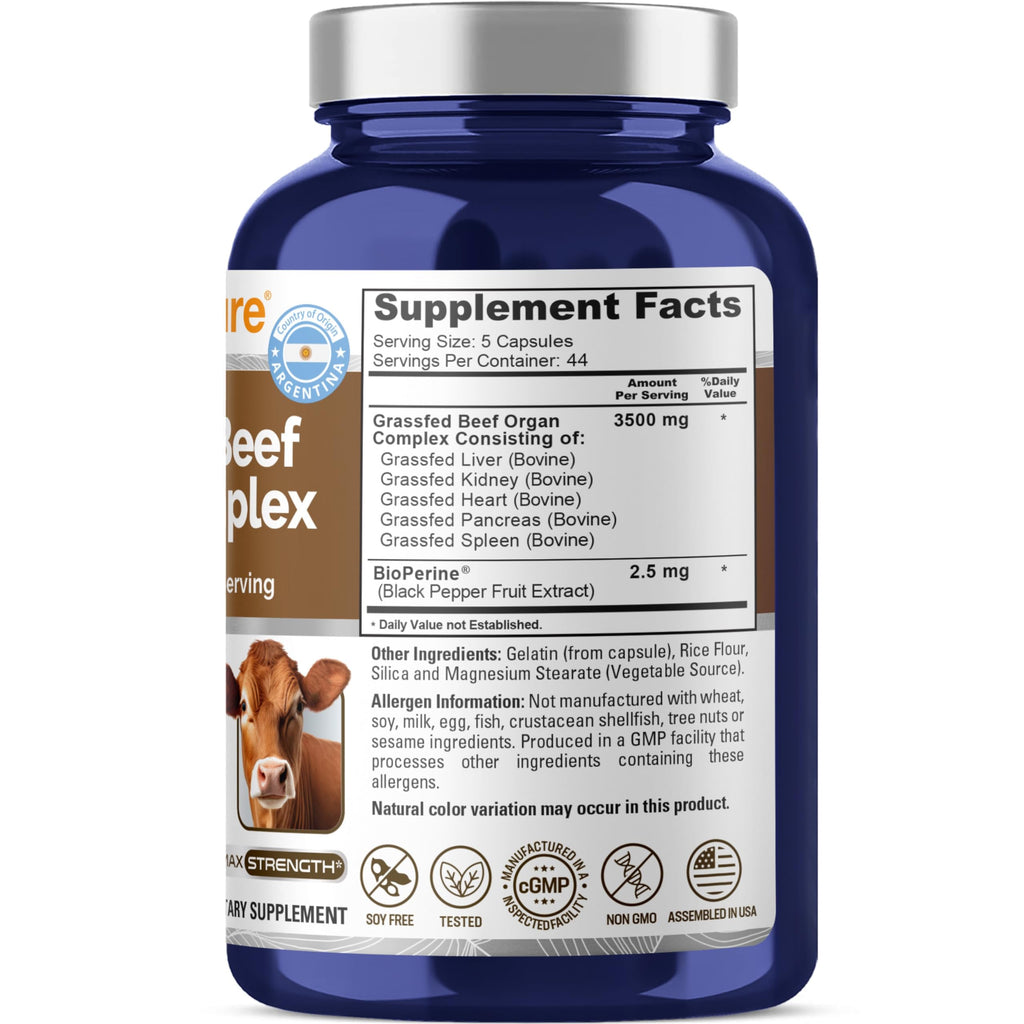 NusaPure Grass Fed Beef Organ Complex | 220 Capsules | Pasture Raised | with Desiccated Liver, Kidney, Pancreas, Heart, Spleen | Soyfree Non-GMO, Bioperine