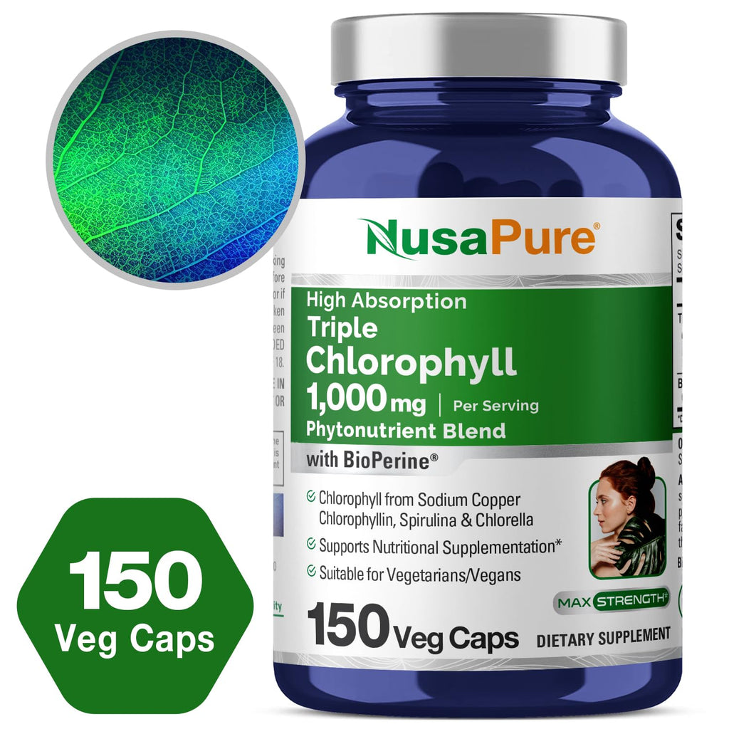 NusaPure High Absorption Triple Chlorophyll 1000 mg 150 Veg Caps Suitable for Vegetarians and Vegans, Non-GMO