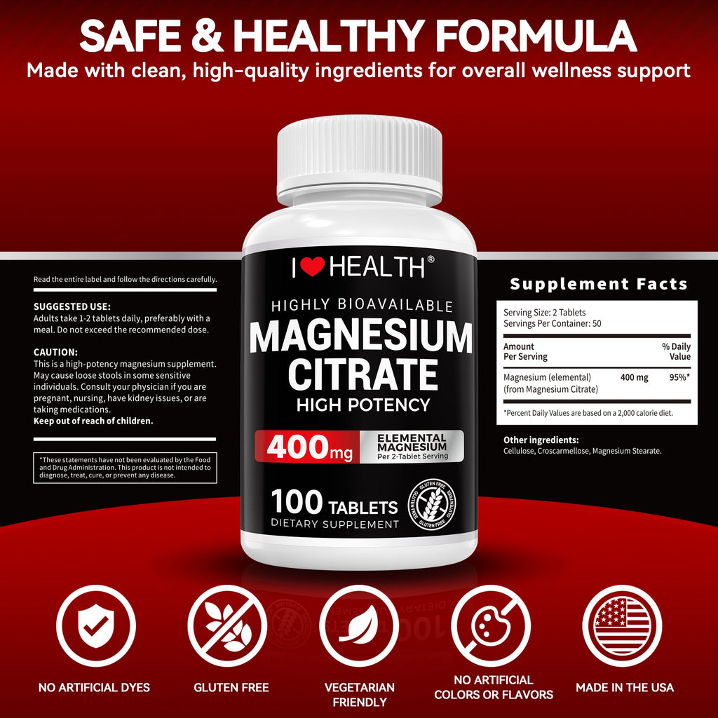 I Love Health Magnesium Citrate, 400mg, Heart Health Support, 100 vegetarian Tablets