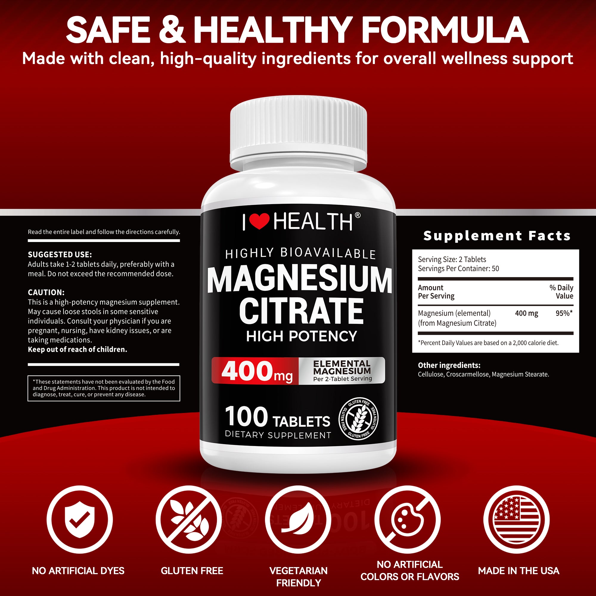 I Love Health Magnesium Citrate, 400mg, Heart Health Support, 100 vegetarian Tablets