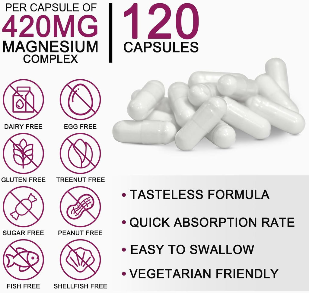 5-in-1 Magnesium Complex + Vitamin B6 Supplement - 420MG - High Absorption Magnesium Supplement for Sleep, Nerves, Muscles, Bones, 120 Capsules