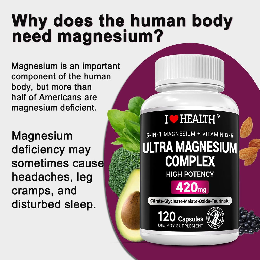 5-in-1 Magnesium Complex + Vitamin B6 Supplement - 420MG - High Absorption Magnesium Supplement for Sleep, Nerves, Muscles, Bones, 120 Capsules