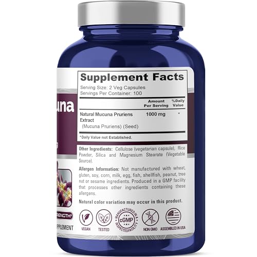 NusaPure Mucuna Pruriens 1000mg 200 Veggie Caps (Non-GMO, 100% Vegetarian, Vegan)