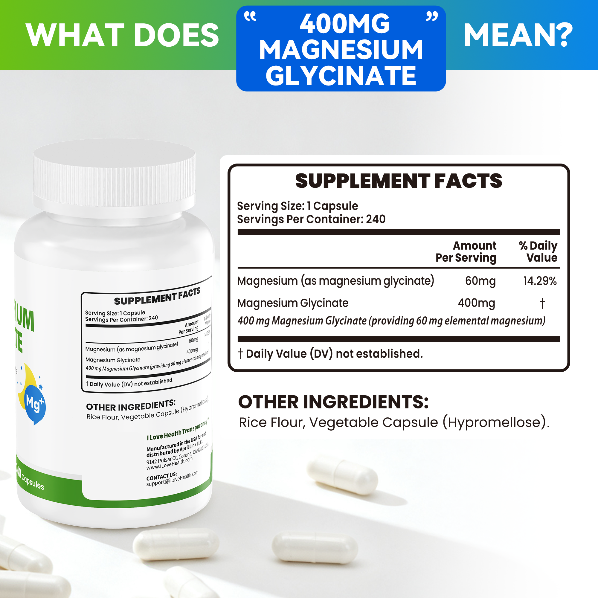 Magnesium Glycinate  – 240 Capsules – High Absorption Magnesium Supplement  – Gentle on Stomach – Made in USA