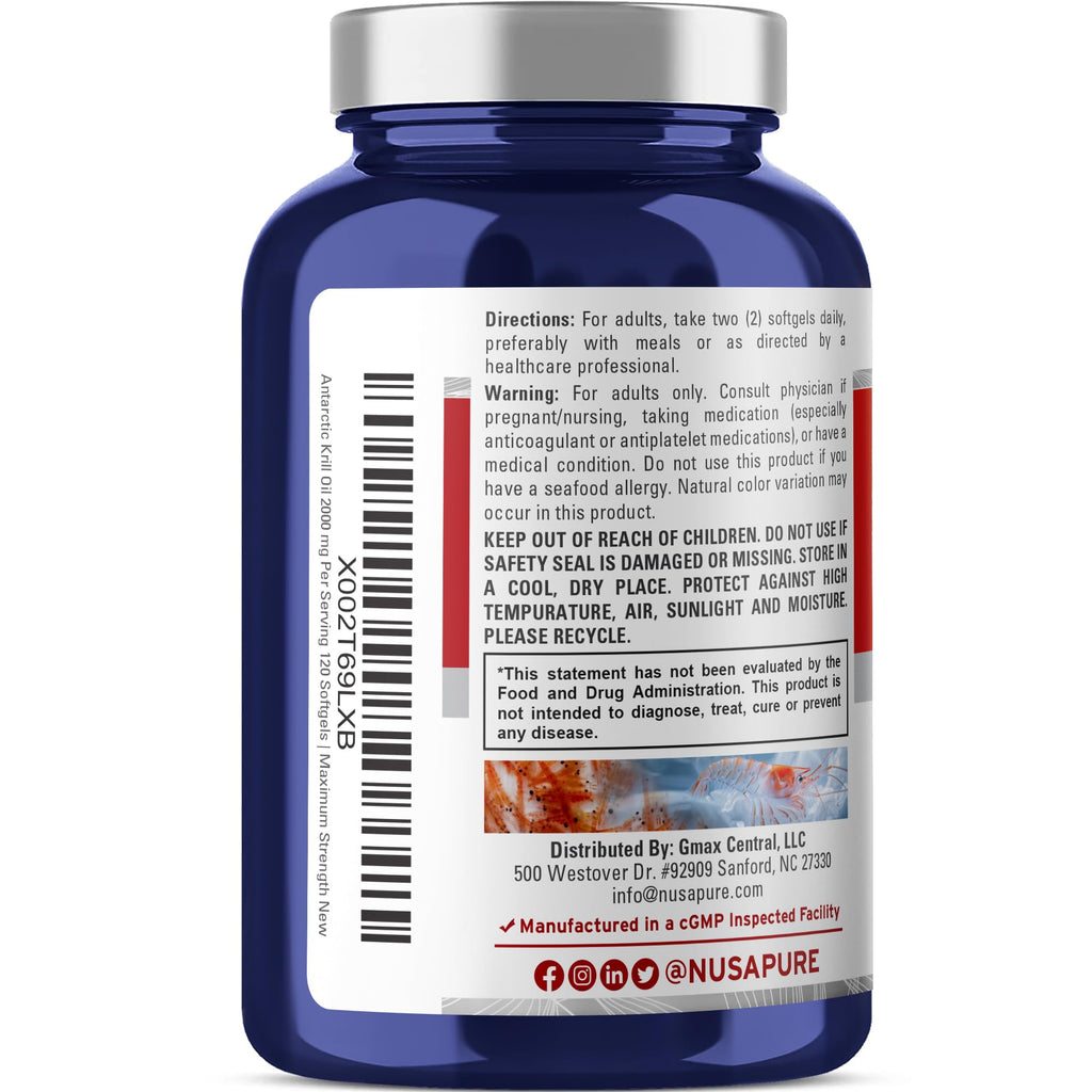 NusaPure Antarctic Krill Oil 2000 mg 120 Softgels, Omega-3 EPA 360mg, DHA 240mg, Soyfree Astaxanthin Supplement Sourced from Krill 800ppm