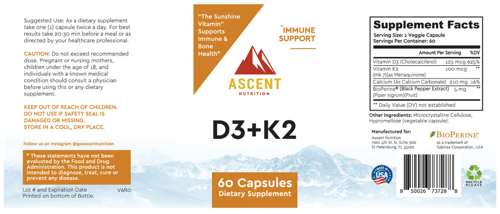 D3 + K2, 60 Capsules, 125 mcg D3 + 100 mcg K2