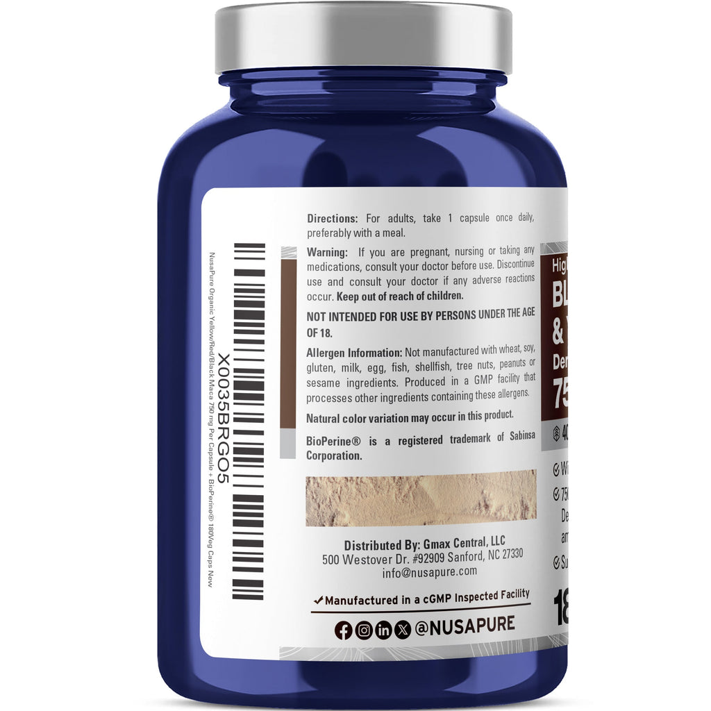 NusaPure Maca Root Black, Red, Yellow 750mg - 180 Vegan Capsules (Vegan,Non-GMO, Gluten Free) Bioperine