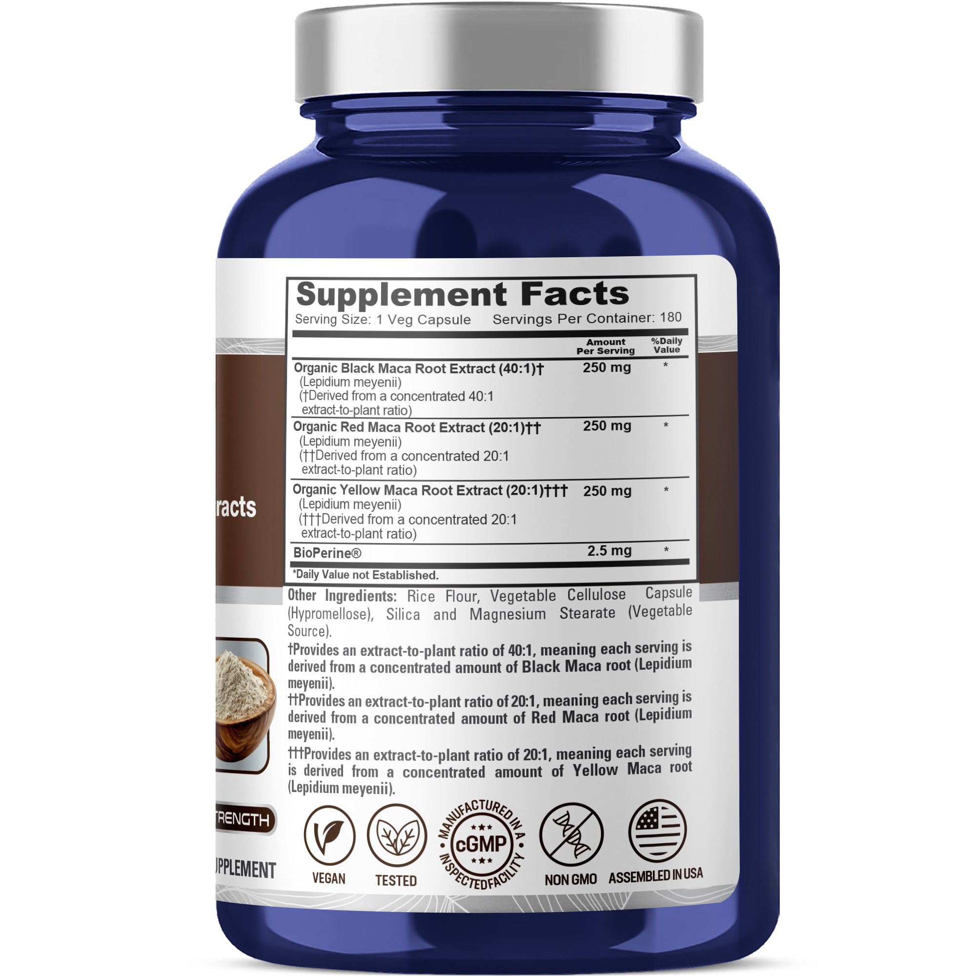 NusaPure Maca Root Black, Red, Yellow 750mg - 180 Vegan Capsules (Vegan,Non-GMO, Gluten Free) Bioperine