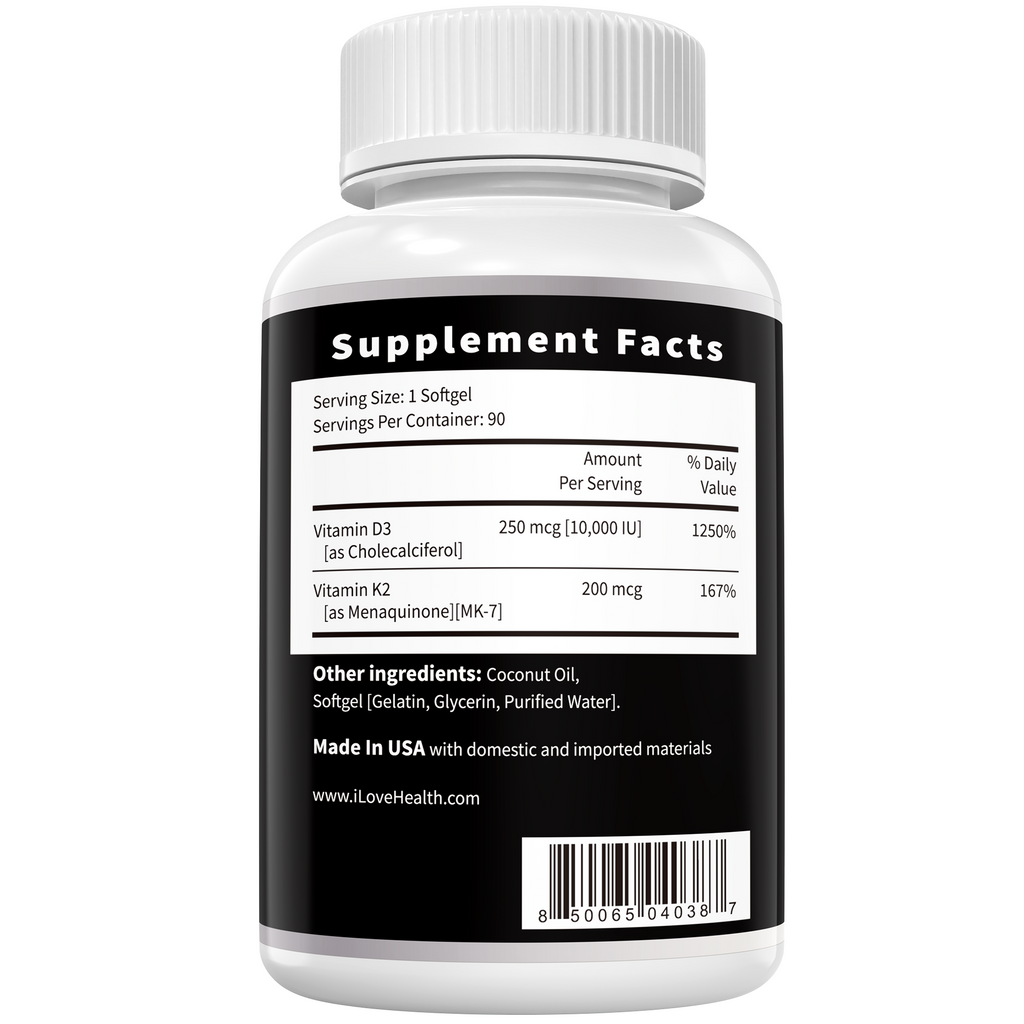 Vitamin D3 10000 IU with K2 (MK-7) Supplement – 90 Softgels – Non-GMO, Gluten-Free – Supports Bone, Heart & Immune Health – Enhanced Absorption – Made in USA