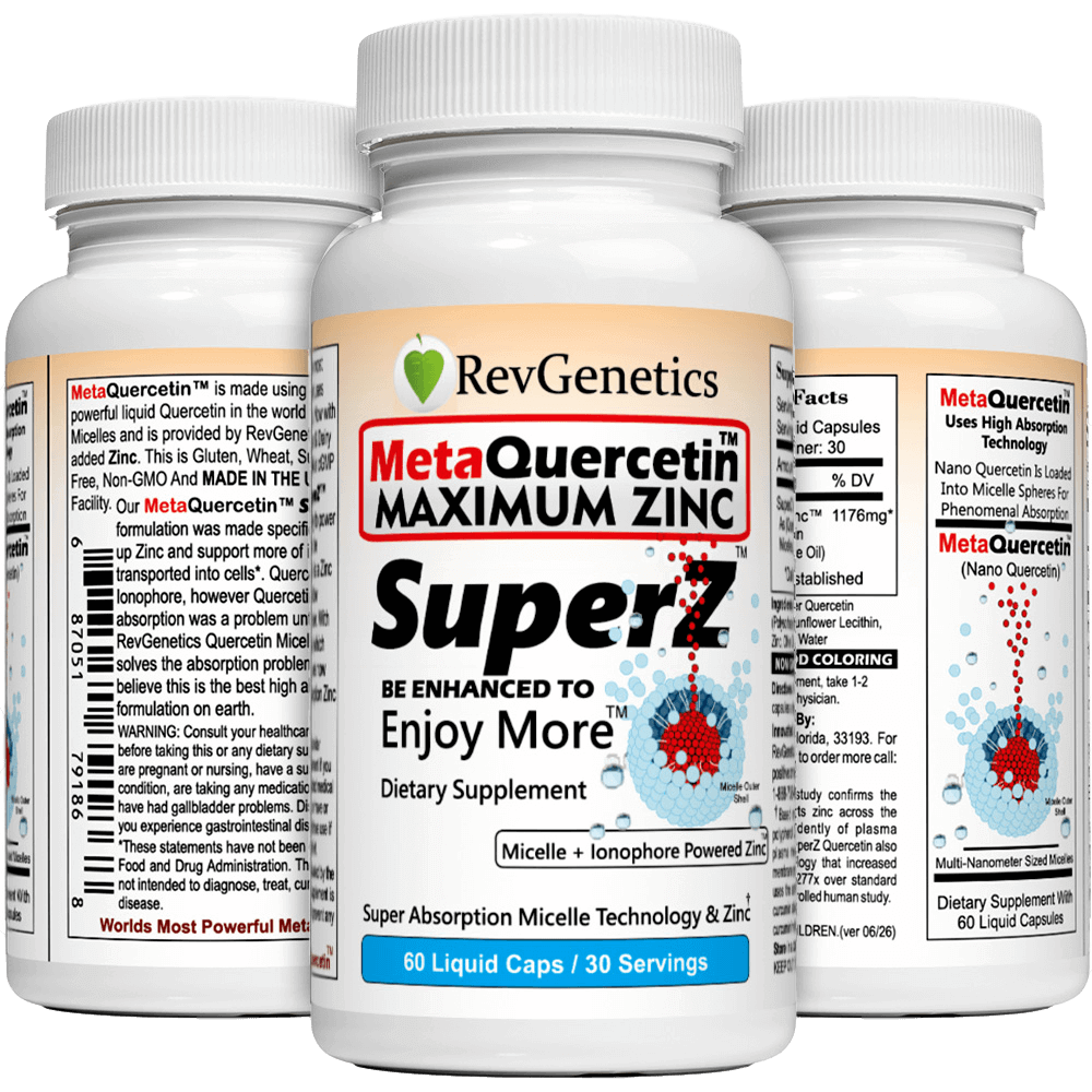 Super Z - Nano Quercetin with Zinc in Micelles Supplement - Advanced Micelle Ionophore Formula for Anti-aging Health - Immune to plain Zinc- Better than liposomal -By RevGenetics