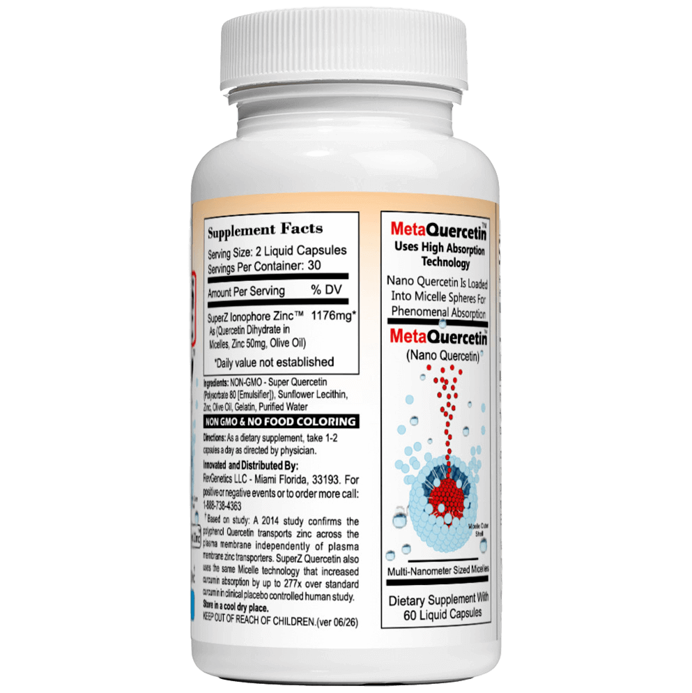 Super Z - Nano Quercetin with Zinc in Micelles Supplement - Advanced Micelle Ionophore Formula for Anti-aging Health - Immune to plain Zinc- Better than liposomal -By RevGenetics