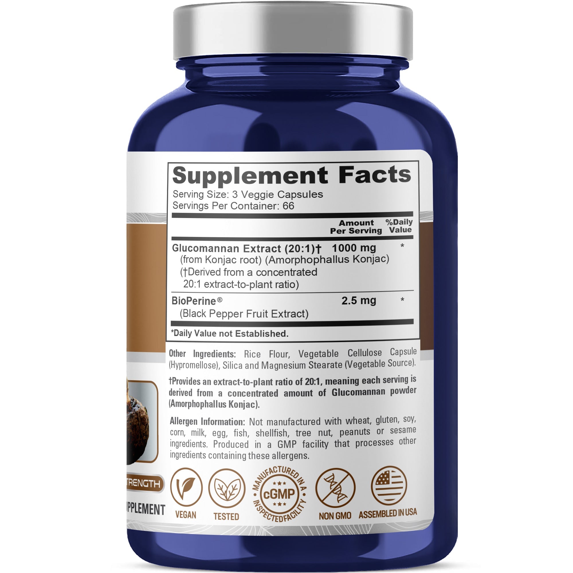 NusaPure Glucomannan 1,000 mg per Serving 200 VCaps (20:1 Extract, BioPerine Non-GMO, Vegan) Konjac Root