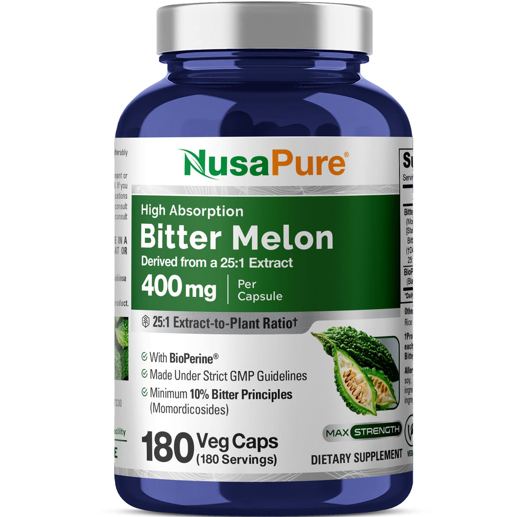 NusaPure Bitter Melon Extract 400 mg 180 Vegan Caps (100% Vegetarian, Non-GMO, Gluten-Free, 10% Bitter Principles) Bioperine