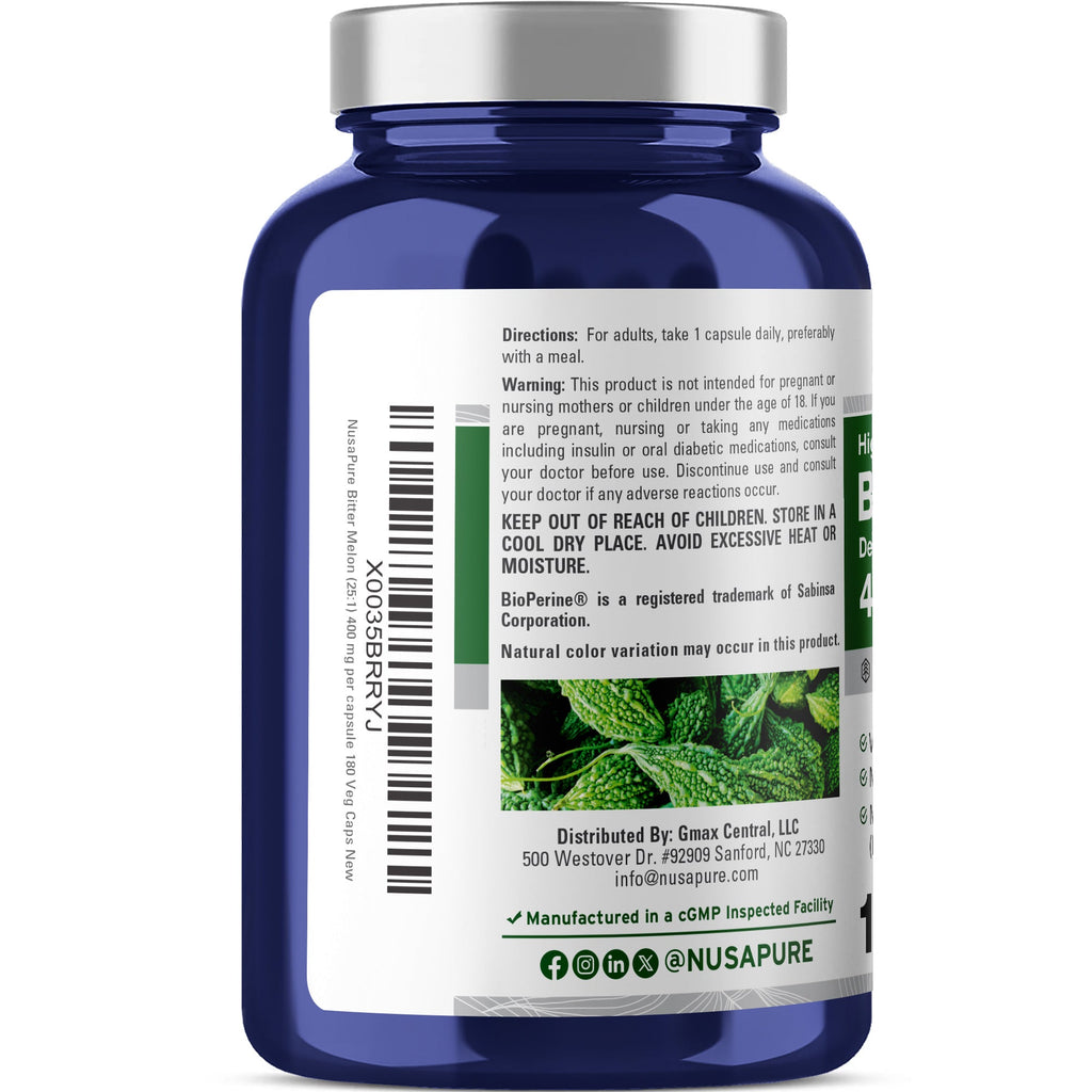 NusaPure Bitter Melon Extract 400 mg 180 Vegan Caps (100% Vegetarian, Non-GMO, Gluten-Free, 10% Bitter Principles) Bioperine