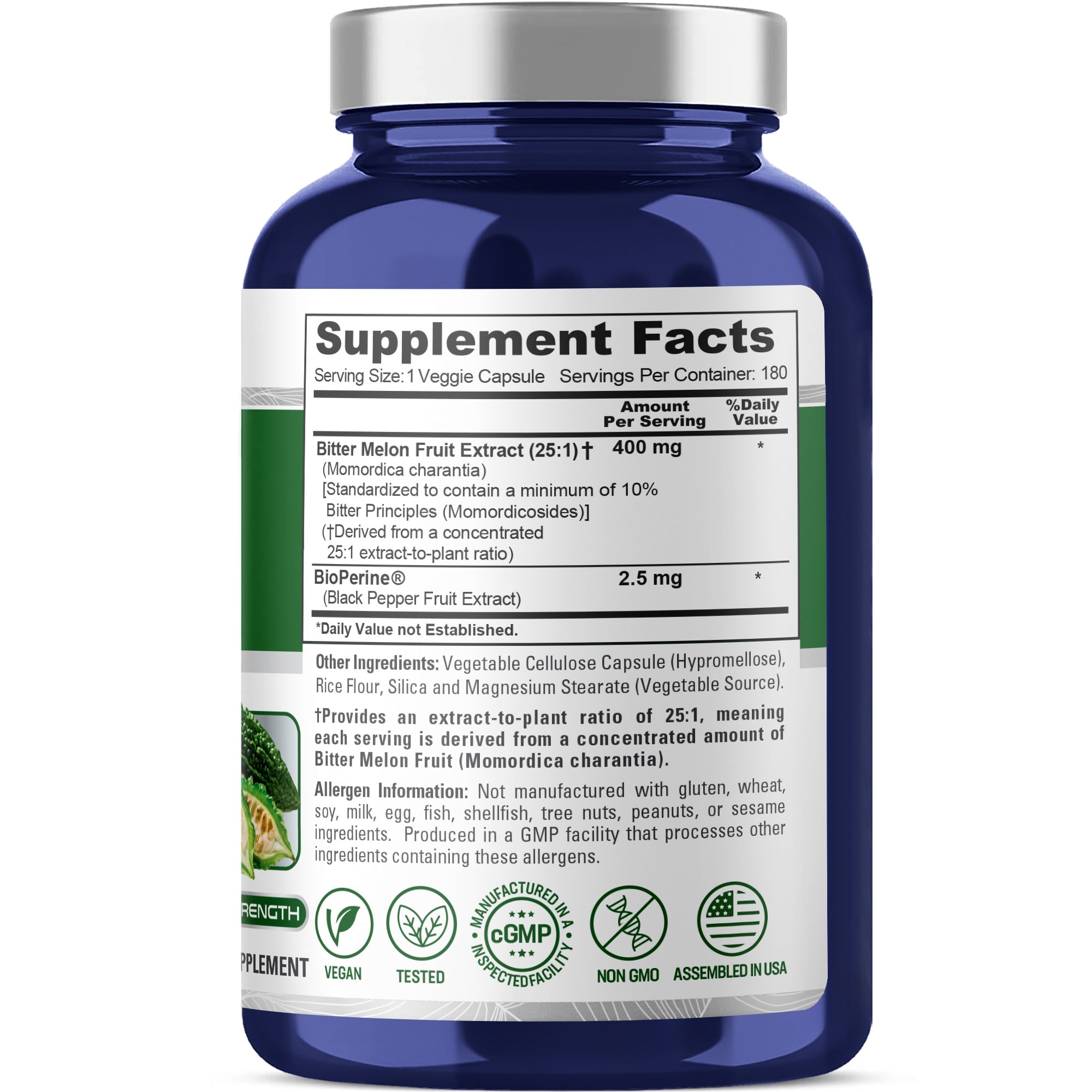 NusaPure Bitter Melon Extract 400 mg 180 Vegan Caps (100% Vegetarian, Non-GMO, Gluten-Free, 10% Bitter Principles) Bioperine