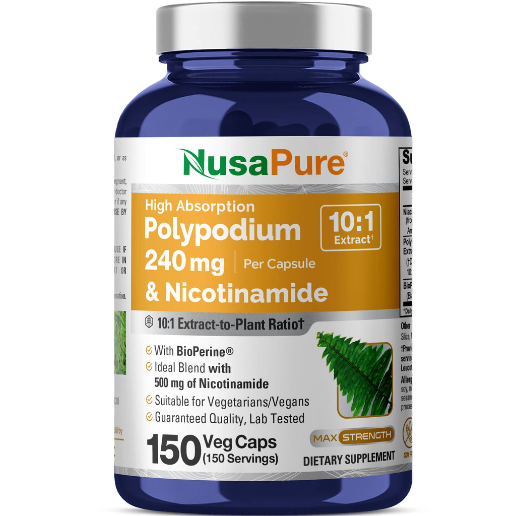 NusaPure Polypodium Nicotinamide 10:1 Extract, 240 mg per Veg Caps - 150 Count (Non-GMO, Soyfree, Bioperine)