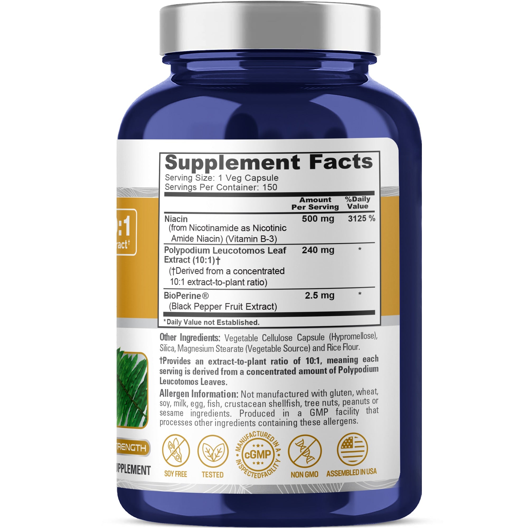 NusaPure Polypodium Nicotinamide 10:1 Extract, 240 mg per Veg Caps - 150 Count (Non-GMO, Soyfree, Bioperine)