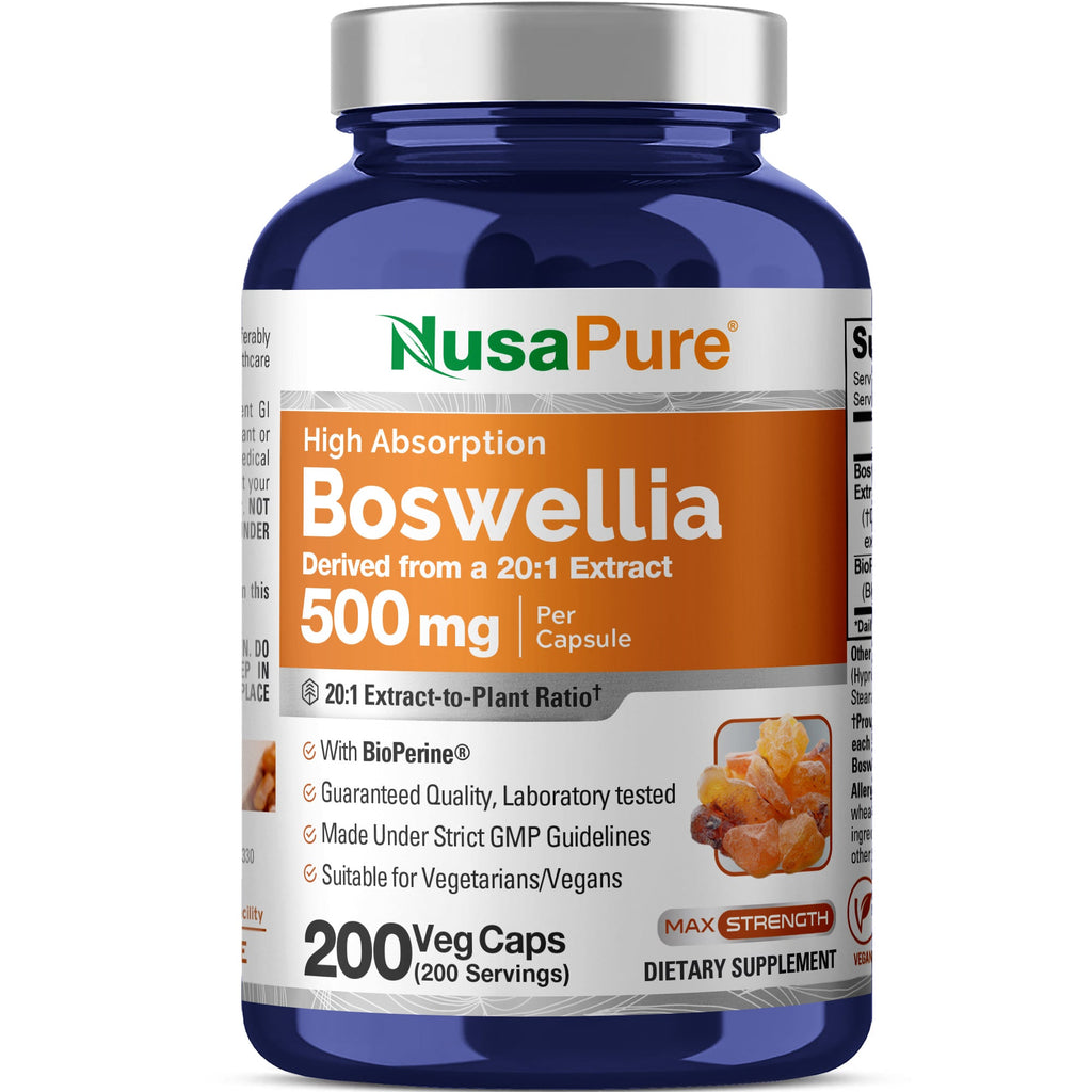 NusaPure Boswellia Serrata 500 mg Per Veggie Caps 200 Count (Ext. 20:1, Non-GMO, Vegan, Bioperine) Ayurvedic Herb: Indian Olibanum, Frankincense