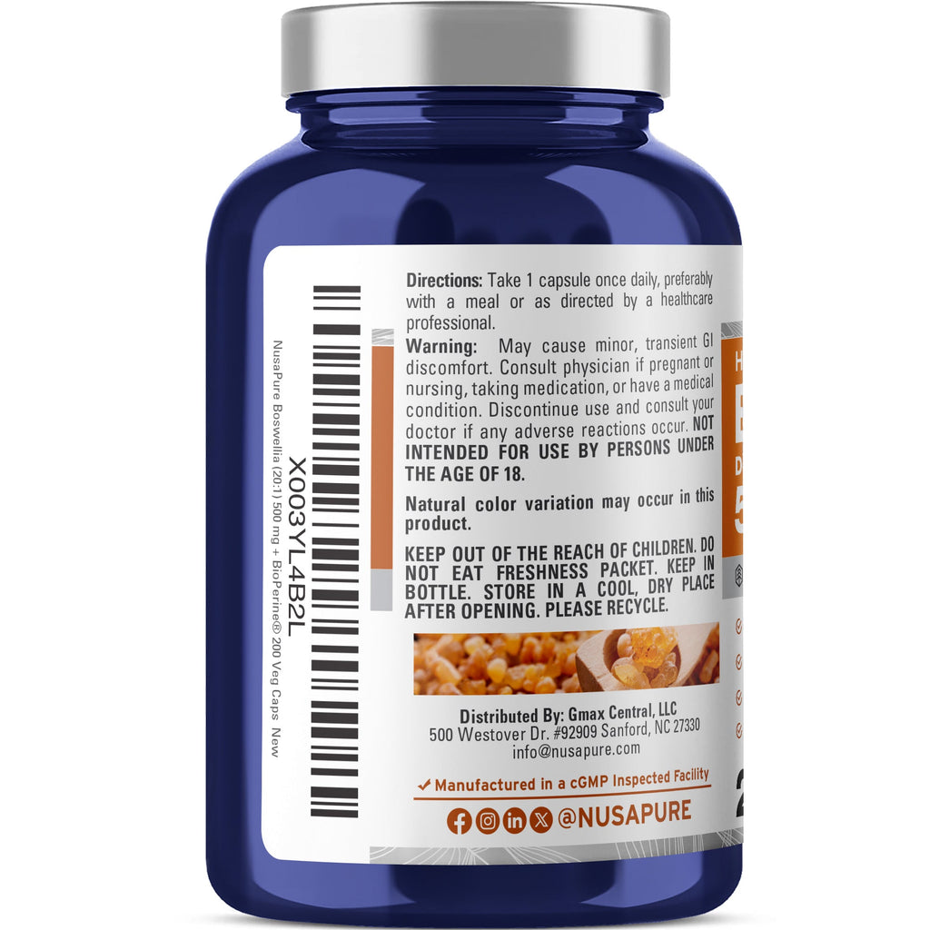 NusaPure Boswellia Serrata 500 mg Per Veggie Caps 200 Count (Ext. 20:1, Non-GMO, Vegan, Bioperine) Ayurvedic Herb: Indian Olibanum, Frankincense