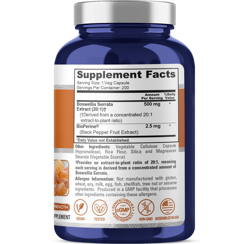 NusaPure Boswellia Serrata 500 mg Per Veggie Caps 200 Count (Ext. 20:1, Non-GMO, Vegan, Bioperine) Ayurvedic Herb: Indian Olibanum, Frankincense
