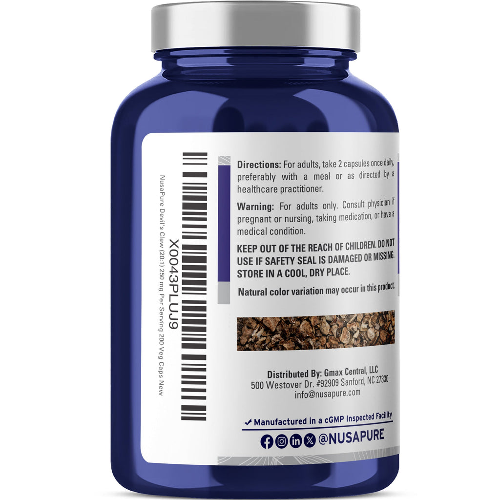 NusaPure Devil's Claw 20:1 Extract, 250 mg, 200 Veggie Capsules, Concentrated Root Extract, Devils Claw Herbal Supplement, Non-GMO, Vegan Supplement