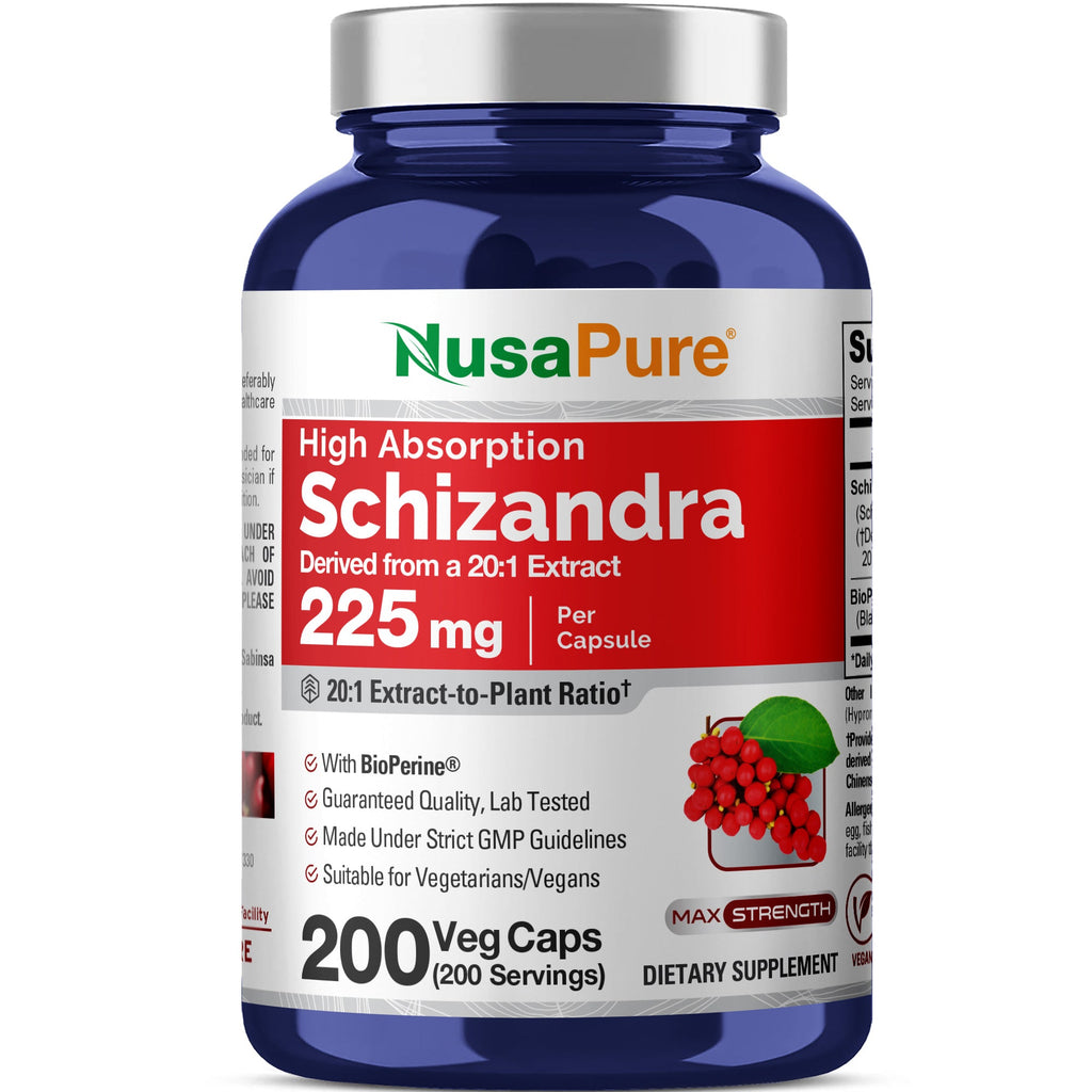 NusaPure Schizandra Berries 20:1 Extract, 225 mg, 200 Vegan Capsules (Non-GMO, Bioperine)