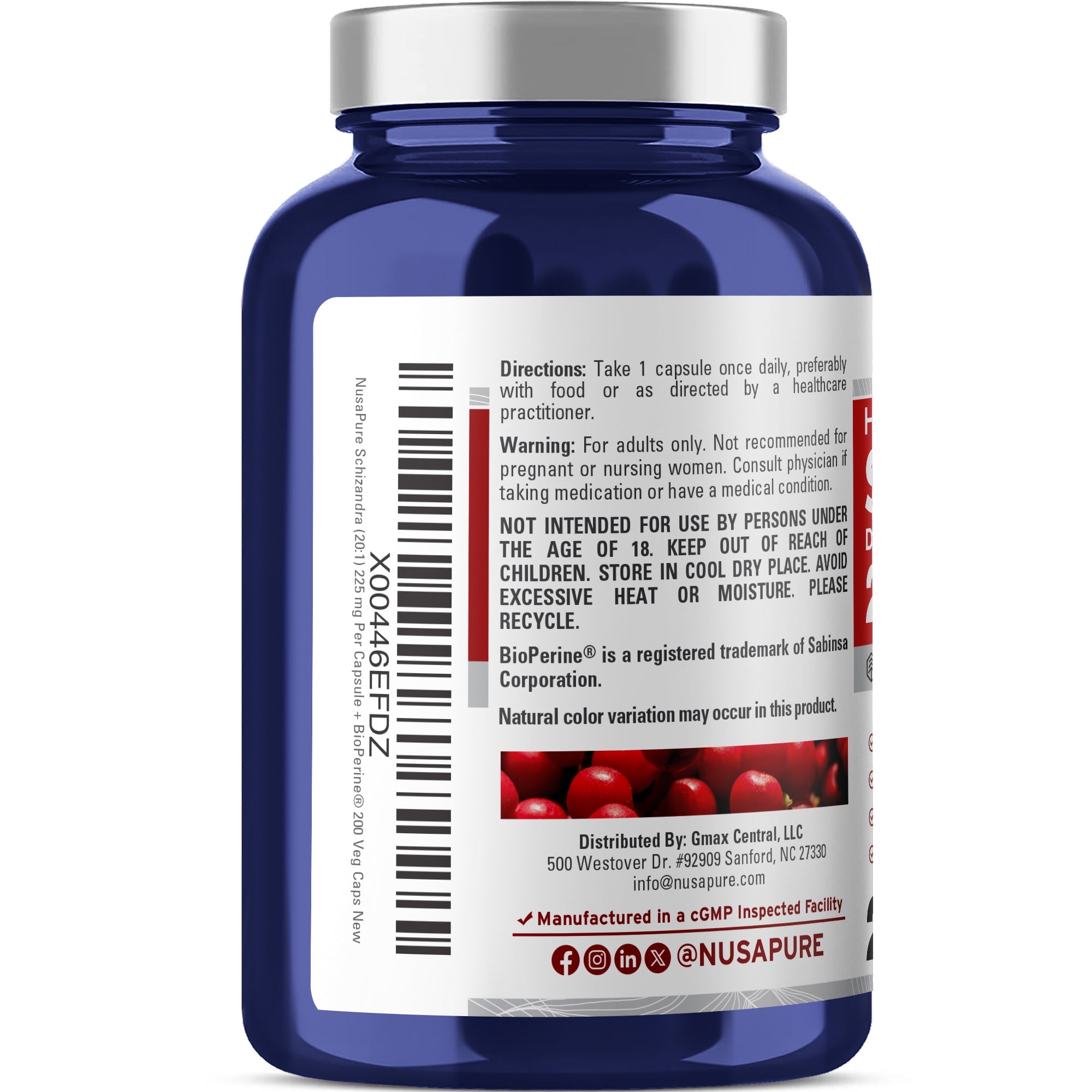 NusaPure Schizandra Berries 20:1 Extract, 225 mg, 200 Vegan Capsules (Non-GMO, Bioperine)
