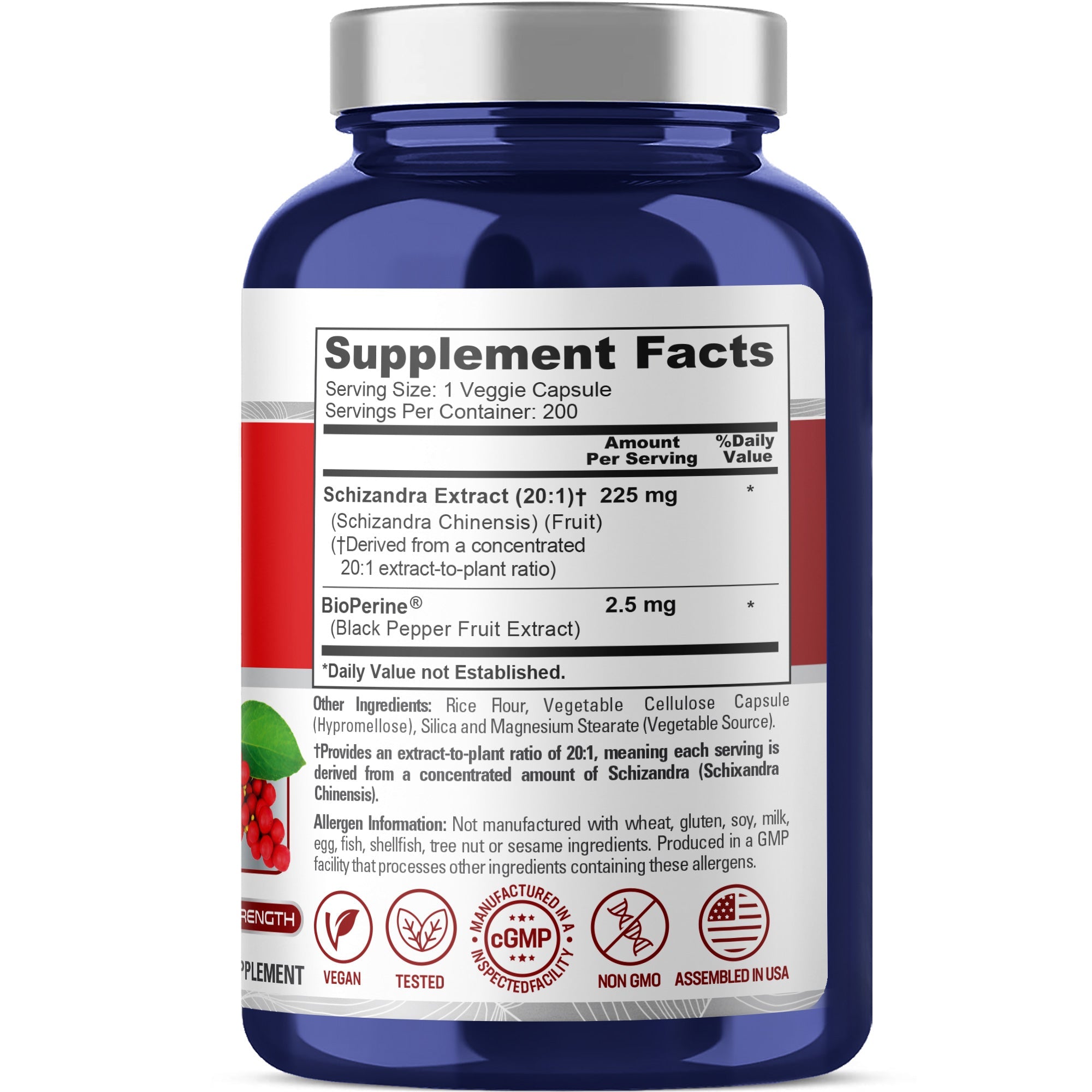 NusaPure Schizandra Berries 20:1 Extract, 225 mg, 200 Vegan Capsules (Non-GMO, Bioperine)