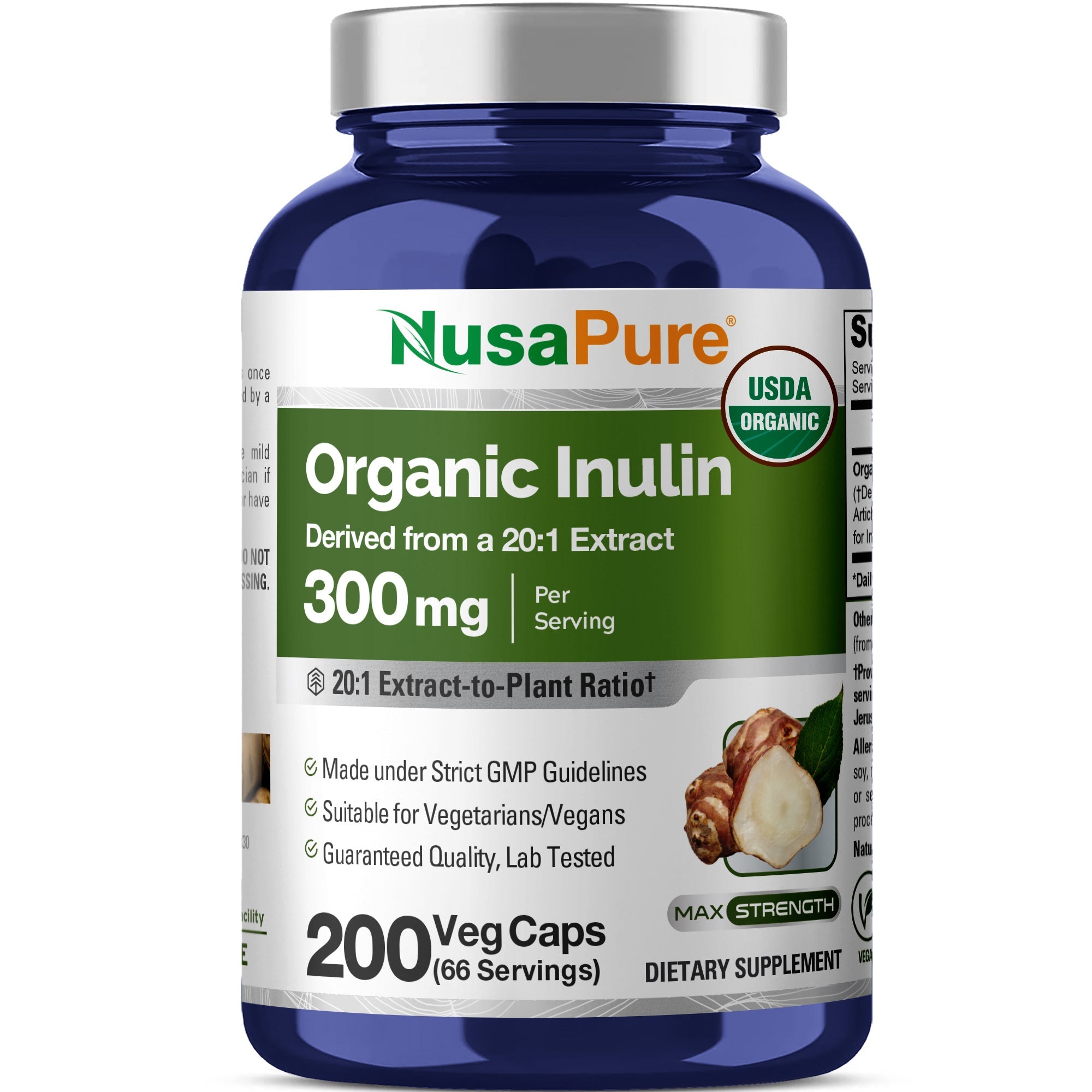 NusaPure Inulin Powder 20:1 Extract, 300 mg | 200 Veg Capsules |USDA Organic Suitable for Vegetarians, Vegan, Non-GMO Supplement