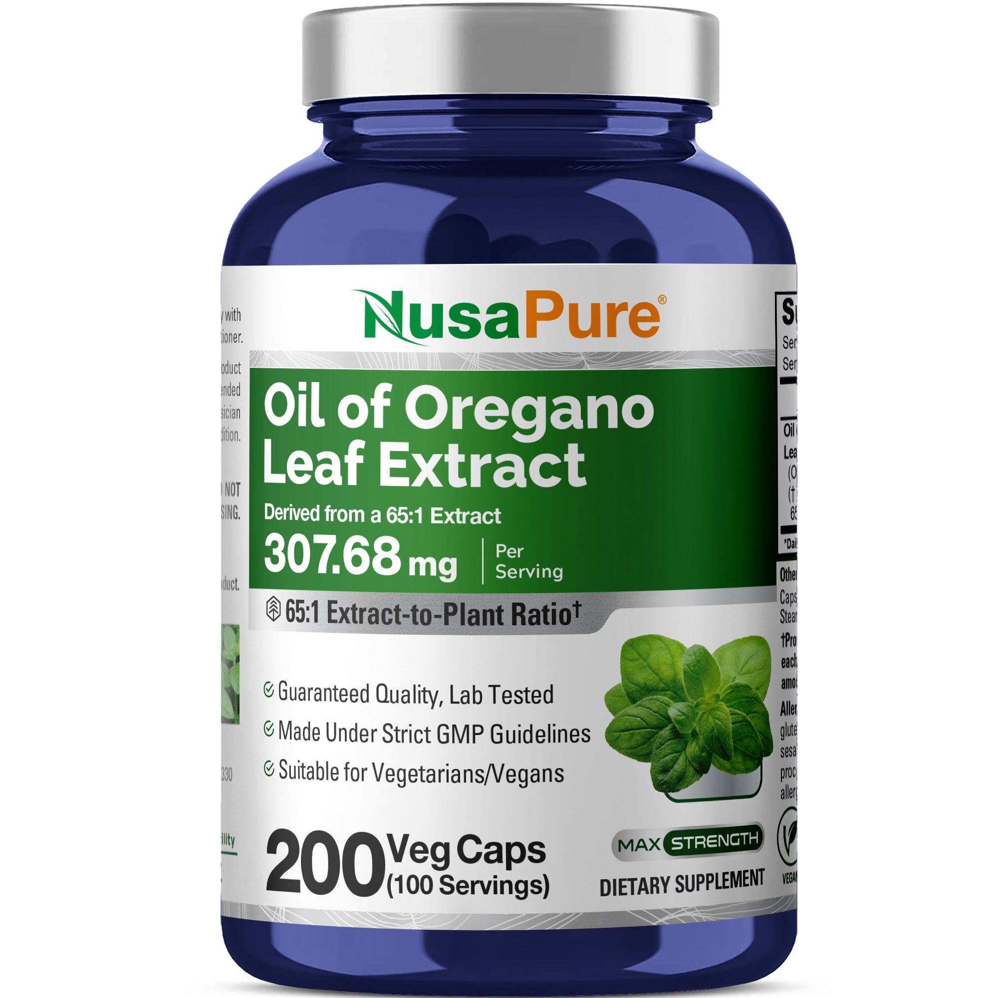 NusaPure Oregano Oil Extract 307mg | 200 Veggie Powder Capsules | Naturally Occurring Carvacrol | Non-GMO and Vegan Extract 65:1