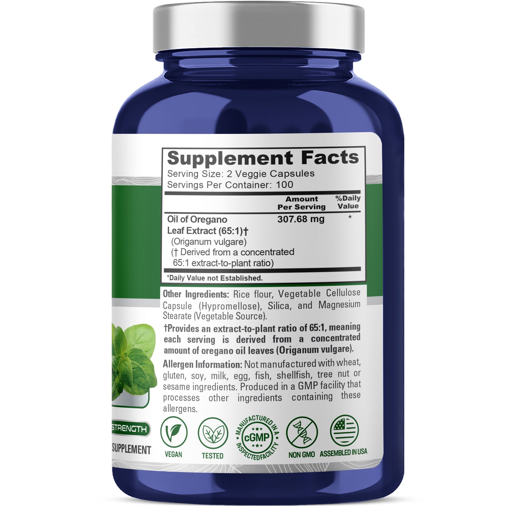 NusaPure Oregano Oil Extract 307mg | 200 Veggie Powder Capsules | Naturally Occurring Carvacrol | Non-GMO and Vegan Extract 65:1