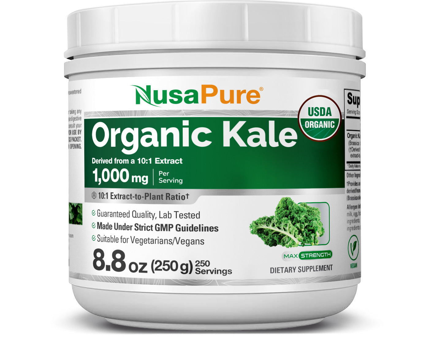 NusaPure Organic Kale Powder Extract 10:1 - Suitable for Vegetarian/Vegan, Non- GMO - 1,000 mg - 250 Capsules