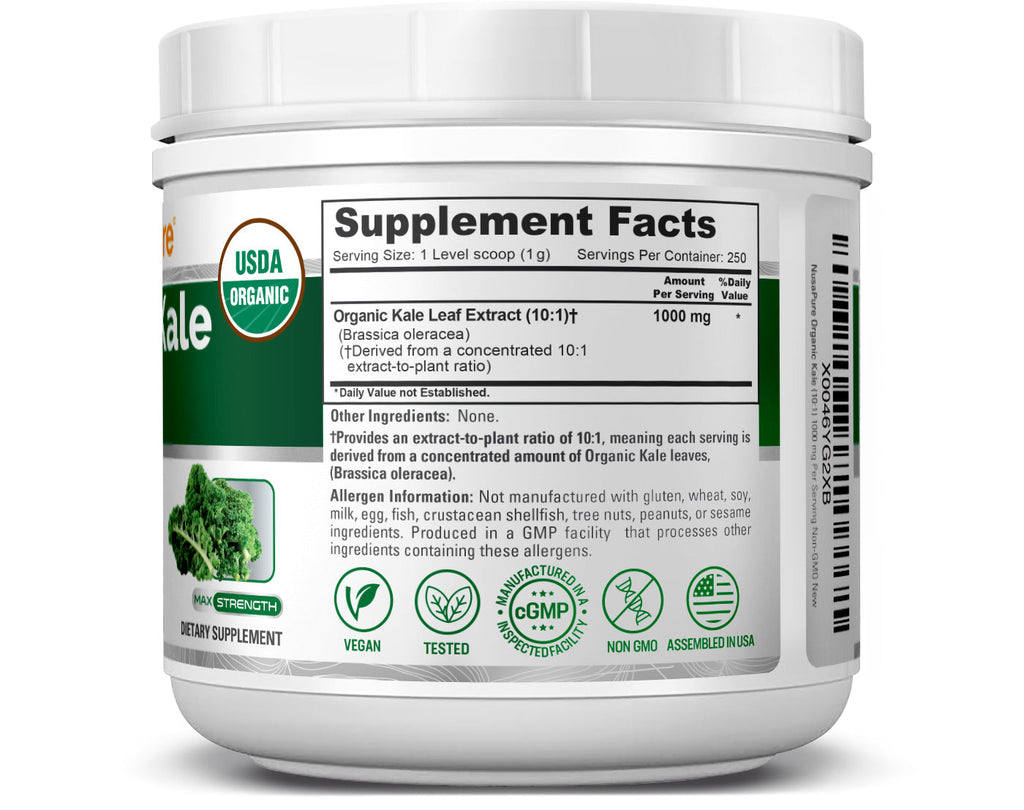 NusaPure Organic Kale Powder Extract 10:1 - Suitable for Vegetarian/Vegan, Non- GMO - 1,000 mg - 250 Capsules