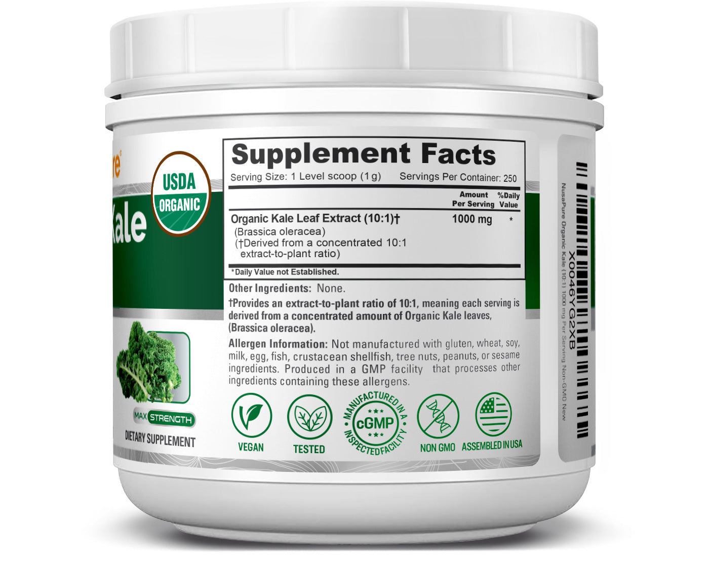 NusaPure Organic Kale Powder Extract 10:1 - Suitable for Vegetarian/Vegan, Non- GMO - 1,000 mg - 250 Capsules