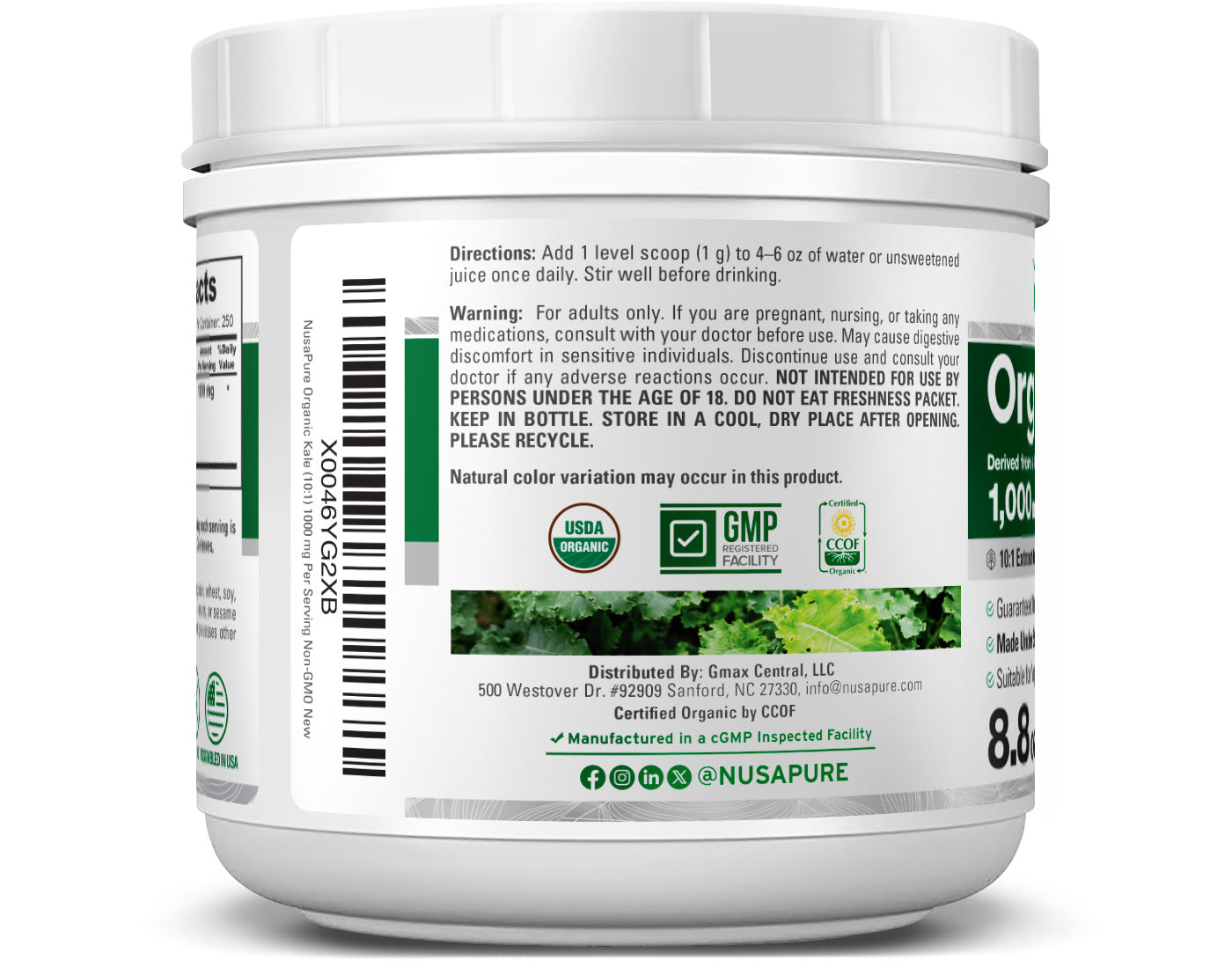 NusaPure Organic Kale Powder Extract 10:1 - Suitable for Vegetarian/Vegan, Non- GMO - 1,000 mg - 250 Capsules