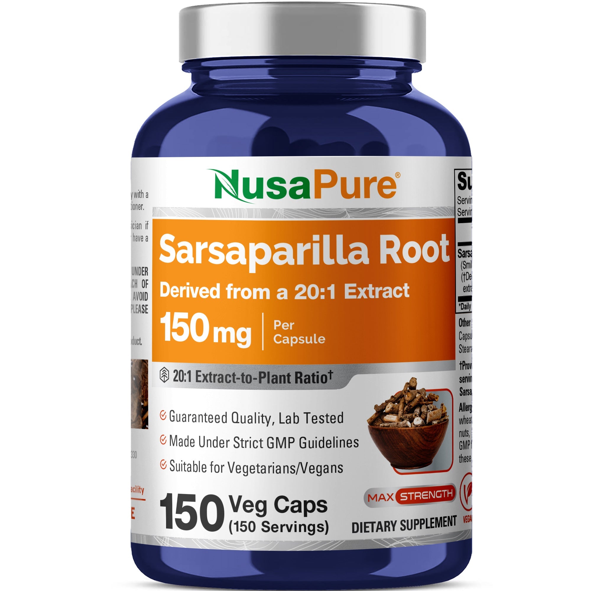 NusaPure Sarsaparilla Root 20:1 Extract - Suitable for Vegetarian/Vegan, Non - GMO - 150 mg - 150 Capsules